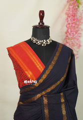 Midnight Navy Blue (Not Black) - Subbulakshmi - Sungudi 100 Count Saree Plain with Rettapet Rudraksham Border and Blouse Combo - Best for Casual Wear | Summer Wear | Temple visit