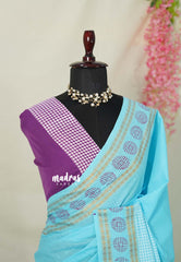 Sky Melody Blue - Subbulakshmi - Sungudi 100 Count Saree Half and Half Checks with Rettapet Rudraksham Border and Blouse Combo - Best for Casual Wear | Summer Wear | Temple visit