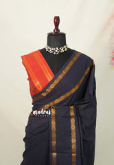 Midnight Navy Blue (Not Black) - Subbulakshmi - Sungudi 100 Count Saree Plain with Rettapet Rudraksham Border and Blouse Combo - Best for Casual Wear | Summer Wear | Temple visit