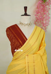 Calm Yellow - Subbulakshmi - Sungudi 100 Count Plain Saree with Rettapetta Rudraksham Border with Blouse Combo - Best for Casual Wear | Summer Wear | Temple visit
