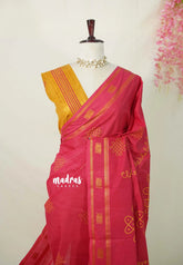 Reddish Pink - Subbulakshmi - Sungudi 100 Count Saree Kolam Prints with Peacock Border with Blouse Combo - Best for Casual Wear | Summer Wear | Temple visit