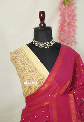 Beet Pink - Subbulakshmi - Sungudi 100 Count Saree Polka Dots in Body with Peacock Border and Ajrakh Printed Blouse Combo - Best for Casual Wear | Summer Wear | Temple visit