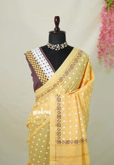 Pastel Yellow - Subbulakshmi - Sungudi 100 Count Saree Rudraksham Border with square Buttas and Hakoba Embroidery Border Blouse Combo - Best for Casual Wear | Summer Wear | School | College | Office wear