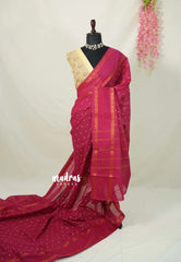 Beet Pink - Subbulakshmi - Sungudi 100 Count Saree Polka Dots in Body with Peacock Border and Ajrakh Printed Blouse Combo - Best for Casual Wear | Summer Wear | Temple visit