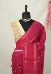 Beet Pink - Subbulakshmi - Sungudi 100 Count Saree Polka Dots in Body with Peacock Border and Ajrakh Printed Blouse Combo - Best for Casual Wear | Summer Wear | Temple visit