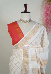 Ivory White with Orange Red Blouse - Subbulakshmi - Sungudi 100 Coount Saree Checks and Peacock Border with Double Blouse Combo - Best for Casual Wear | Summer Wear | School | College | Office wear