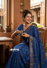 Cobalt Blue - Subbulakshmi - Sungudi 100 Count Saree Velthari with Peacock Border and Blouse Combo - Best for Casual Wear | Summer Wear | Temple visit