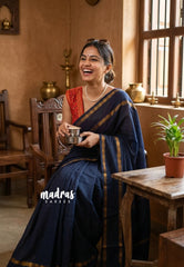 Midnight Navy Blue (Not Black) - Subbulakshmi - Sungudi 100 Count Saree Plain with Rettapet Rudraksham Border and Blouse Combo - Best for Casual Wear | Summer Wear | Temple visit