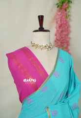 Turquoise Blue - Subbulakshmi - Sungudi 100 Count Saree Aathini Tamizh Letters Prints with Tiny Border with Blouse Combo - Best for Casual Wear | Summer Wear | Temple visit