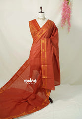 Earthy Brown - Subbulakshmi - Sungudi 100 Count Plain Saree with Peacock Border with Blouse Combo - Best for Casual Wear | Summer Wear | Temple visit