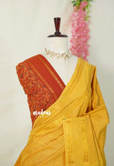 Temple Turmeric Yellow - Subbulakshmi - Sungudi 100 Count Saree Self Ajrakh Prints with Rettapetta Rudraksham Border with Blouse Combo - Best for Casual Wear | Summer Wear | Temple visit