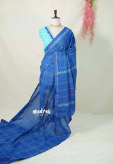 Indigo Blue - Subbulakshmi - Sungudi 100 Count Saree with modern kattam Rudraksham Border with Blouse Combo - Best for Casual Wear | Summer Wear | Temple visit