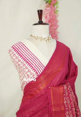 Beet Pink - Subbulakshmi - Sungudi 100 Count Saree Half and Half Tamizh Mozhi Letter Prints with Rudraksham Border with Blouse Combo - Best for Casual Wear | Summer Wear | Temple visit