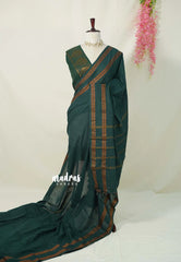 Bottle Green - Subbulakshmi - Sungudi 100 Count Plain Saree with Rettapetta Rudraksham Border with Blouse Combo - Best for Casual Wear | Summer Wear | Temple visit