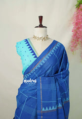 Indigo Blue - Subbulakshmi - Sungudi 100 Count Saree with modern kattam Rudraksham Border with Blouse Combo - Best for Casual Wear | Summer Wear | Temple visit