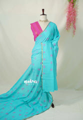 Turquoise Blue - Subbulakshmi - Sungudi 100 Count Saree Aathini Tamizh Letters Prints with Tiny Border with Blouse Combo - Best for Casual Wear | Summer Wear | Temple visit