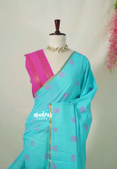 Turquoise Blue - Subbulakshmi - Sungudi 100 Count Saree Aathini Tamizh Letters Prints with Tiny Border with Blouse Combo - Best for Casual Wear | Summer Wear | Temple visit