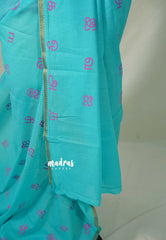 Turquoise Blue - Subbulakshmi - Sungudi 100 Count Saree Aathini Tamizh Letters Prints with Tiny Border with Blouse Combo - Best for Casual Wear | Summer Wear | Temple visit
