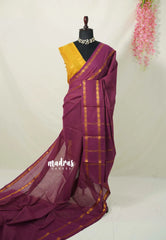 Muted Magenta - Subbulakshmi - Sungudi 100 Count Saree Zari Checks with Rettapetta Rudraksham Border with Blouse Combo - Best for Casual Wear | Summer Wear | School | College | Office wear