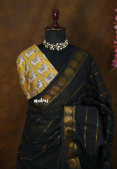 Black & yellow - Margazhi - Madurai Sungudi velthari pattern with peacock border Double Blouse Combo - Best for Small Functions