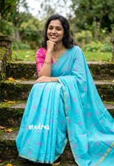 Turquoise Blue - Subbulakshmi - Sungudi 100 Count Saree Aathini Tamizh Letters Prints with Tiny Border with Blouse Combo - Best for Casual Wear | Summer Wear | Temple visit