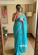 Turquoise Blue - Subbulakshmi - Sungudi 100 Count Saree Aathini Tamizh Letters Prints with Tiny Border with Blouse Combo - Best for Casual Wear | Summer Wear | Temple visit