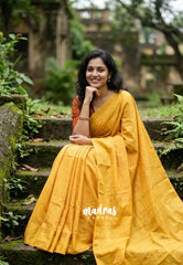 Temple Turmeric Yellow - Subbulakshmi - Sungudi 100 Count Saree Self Ajrakh Prints with Rettapetta Rudraksham Border with Blouse Combo - Best for Casual Wear | Summer Wear | Temple visit