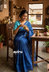 Indigo Blue - Subbulakshmi - Sungudi 100 Count Saree with modern kattam Rudraksham Border with Blouse Combo - Best for Casual Wear | Summer Wear | Temple visit