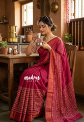 Beet Pink - Subbulakshmi - Sungudi 100 Count Saree Half and Half Tamizh Mozhi Letter Prints with Rudraksham Border with Blouse Combo - Best for Casual Wear | Summer Wear | Temple visit