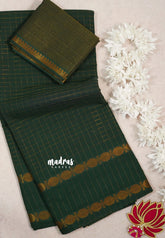 Midnight Green - Subbulakshmi - Sungudi 100 Count Saree Zari Checks with Rettapetta Rudraksham Border with Blouse Combo - Best for Casual Wear | Summer Wear | School | College | Office wear
