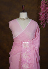Rose Pink - Shalini - Premium Super Net Saree Cut Work Embroidery Weaving Border - Best for Office Wear / Hightea party