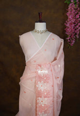 Pastel Peach - Shalini - Premium Super Net Saree Cut Work Embroidery Weaving Border - Best for Office Wear / Hightea party