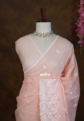 Pastel Peach Orange - Shalini - Premium Super Net Saree Embroidery Weaving Border and Buttas - Best for Office Wear / Hightea party
