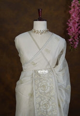 Creamy Olive - Shalini - Premium Super Net Saree Embroidery Weaving Border and Buttas - Best for Office Wear / Hightea party