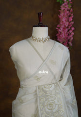 Creamy Olive - Shalini - Premium Super Net Saree Embroidery Weaving Border and Buttas - Best for Office Wear / Hightea party