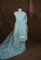 Pastel Seafoam Green - Shalini - Premium Super Net Saree Embroidery Weaving Border and Buttas - Best for Office Wear / Hightea party