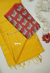 Mustard Yellow - Surabhi - Soft Organza silk with stripes weaving with Double Blouse Combo - Best for Small Functions