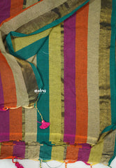 Multicolor horizontal stripes khadi with tissue zari