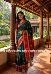 Midnight Green - Thendral - Kanchi Semi Silk Saree with Rettapet Border and Buttas - Perfect for Wedding Functions