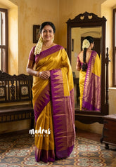 Golden Yellow - Thendral - Kanchi semi silk with zari weaving body with temple border - Perfect for Wedding Functions