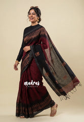 Thoolika - Organic linen hand woven Jamdani ikkat weaving - Dark Red