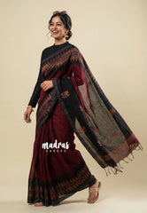 Thoolika - Organic linen hand woven Jamdani ikkat weaving - Dark Red