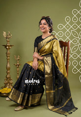 Jet Black with Gold - Kanimozhi - Soft Silk Saree Partly Pallu Saree with Buttas - Best for Wedding Functions