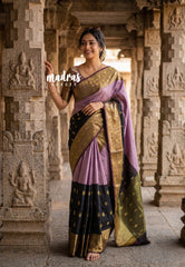 Jet Black with Mauve - Kanimozhi - Soft Silk Saree Partly Pallu Saree with Buttas - Best for Wedding Functions