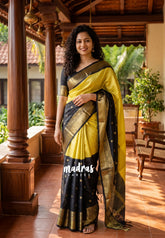 Jet Black with Yellow - Kanimozhi - Soft Silk Saree Partly Pallu Saree with Buttas - Best for Wedding Functions