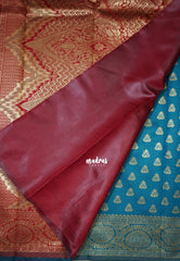 Dark Teal Blue - Thendral - Kanchi Art Silk Saree with Leaf Border and Buttas - Perfect for Wedding Functions