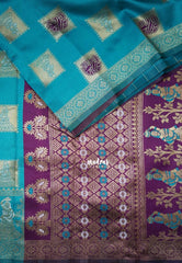 Teal Blue with Purple - Thendral - Kanchi Art Silk Saree with Traditional Dancer Border and Buttas - Perfect for Wedding Functions
