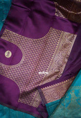 Teal Blue with Purple - Thendral - Kanchi Art Silk Saree with Traditional Dancer Border and Buttas - Perfect for Wedding Functions