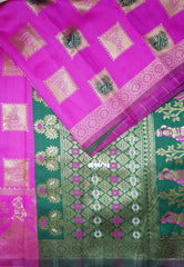 Bright Fuchsia Pink - Thendral - Kanchi Art Silk Saree with Traditional Dancer Border and Buttas - Perfect for Wedding Functions