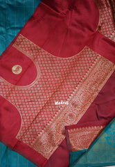 Teal Blue with Red - Thendral - Kanchi Art Silk Saree with Traditional Dancer Border and Buttas - Perfect for Wedding Functions